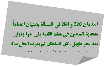 Folded Corner: &nbsp;
العددان 220 و 284 في المسألة يدعيان أعداداً متحابة.السجين في هذه القصة بقي حرا وتوفي بعد عمر طويل، لان السلطان لم يعرف الحل بتاتا. &nbsp;&nbsp;&nbsp;&nbsp; وهكذا انتهت قصة الأعداد المتحابة دون أن يعرف السلطان حلا للمسألة وإيجاد أعدادا متحابة أخرى
&nbsp;
&nbsp;

