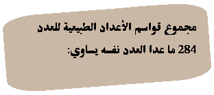 Rounded Rectangular Callout: مجموع قواسم الأعداد الطبيعية للعدد 284 ما عدا العدد نفسه يساوي:
&nbsp;&nbsp;&nbsp;&nbsp;&nbsp;&nbsp;
&nbsp;
&nbsp;
